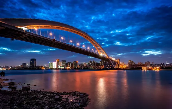 Картинка China, Китай, Shanghai, Шанхай, ночной город, река Хуанпу, Huangpu River, Lupu Bridge