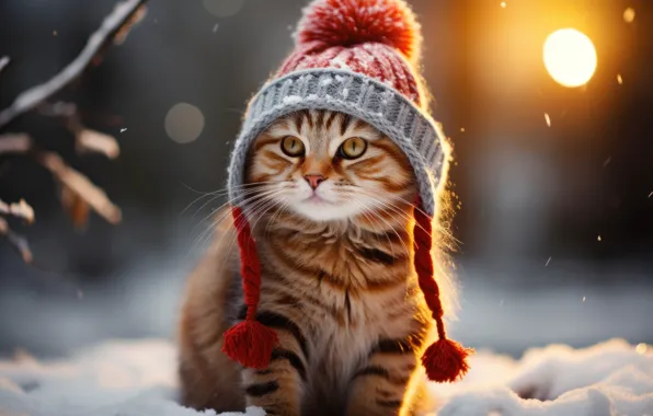 Зима, кошка, снег, котенок, рыжий, Рождество, Новый год, шапочка