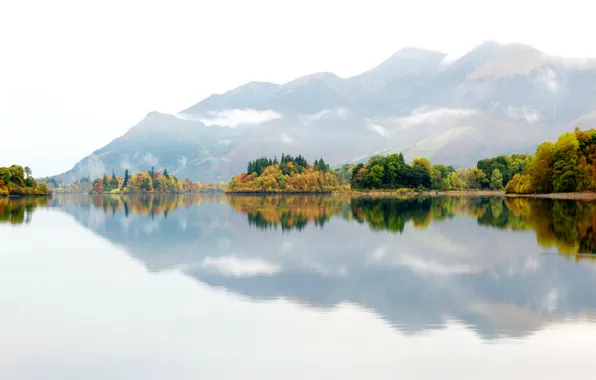 Картинка осень, деревья, горы, природа, туман, озеро, отражение, Англия