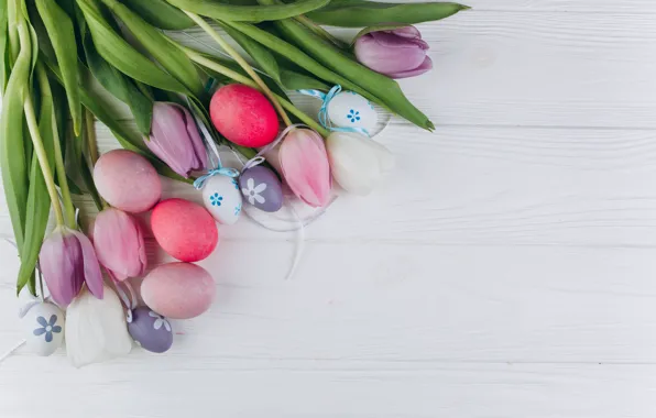 Картинка цветы, яйца, colorful, Пасха, тюльпаны, wood, pink, flowers
