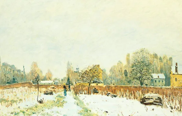 Картинка картина, пейзаж, Снег в Лувесьене, Alfred Sisley, Альфред Сислей