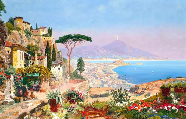 Цветы, Дома, Горы, Деревья, Картина, Побережье, Alois Arnegger, Алоис Арнеггер