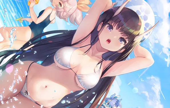 Sexy, cleavage, beach, horns, sky, long hair, sea, girls