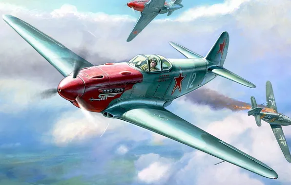 Aircraft, war, art, airplane, aviation, ww2, dogfight, russian fighter