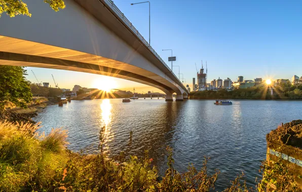 Небо, солнце, лучи, мост, река, рассвет, Австралия, катера