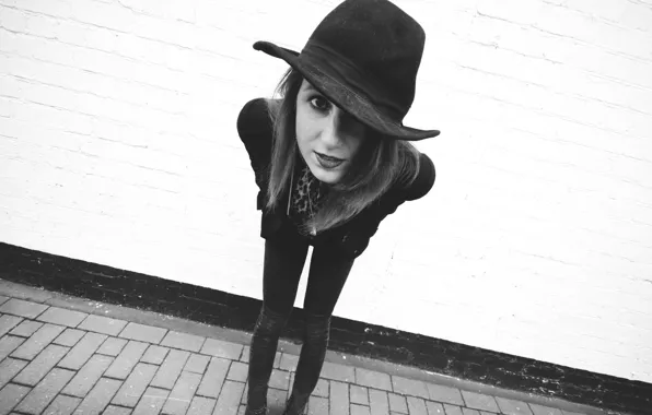 Girl, wall, hat, woman, bricks, model, redhead, black and white