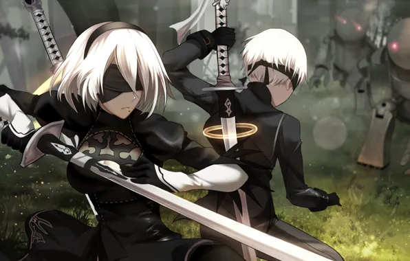 Девушка, робот, меч, киборг, YoRHa No.9 Type S, Nier Automata, YoRHa No.2 Type B