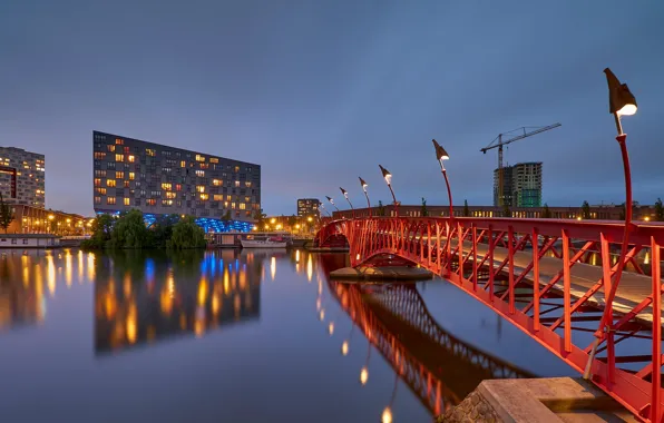 Картинка мост, огни, вечер, Нидерланды, Amsterdam, Голландия