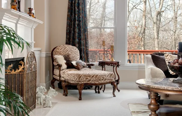 Картинка кресло, камин, столик