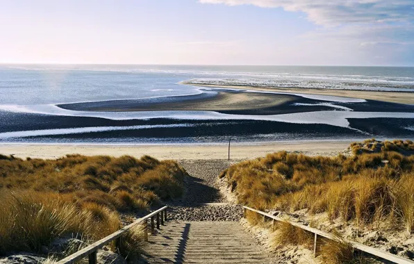 Картинка песок, море, волны, пляж, пейзаж, природа, горизонт, лестница