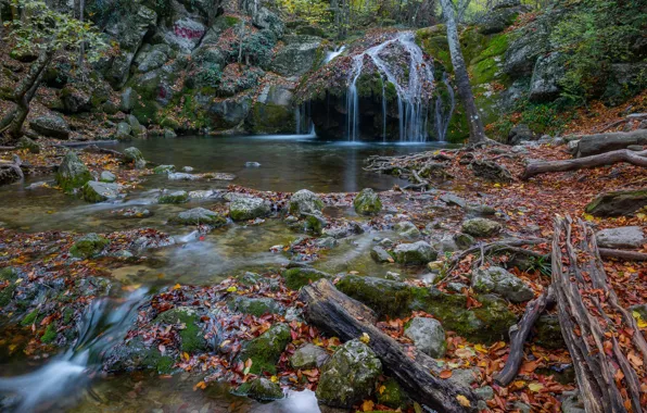 Картинка осень, листья, корни, река, камни, водопад, Россия, Крым