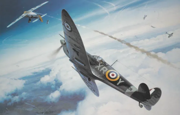 Картинка war, art, Spitfire, painting, ww2, dogfight