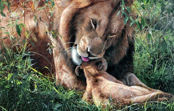 Картинка лев, арт, ласка, львёнок, Fathers Day, Terry Isaac, отцовство