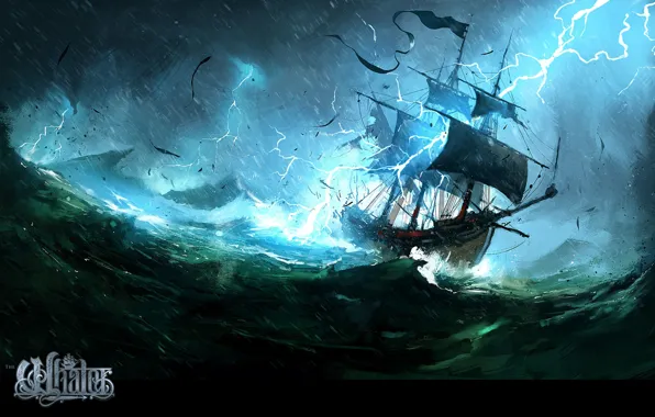 Волны, шторм, молнии, корабль, The Whaler, Natures Wrath