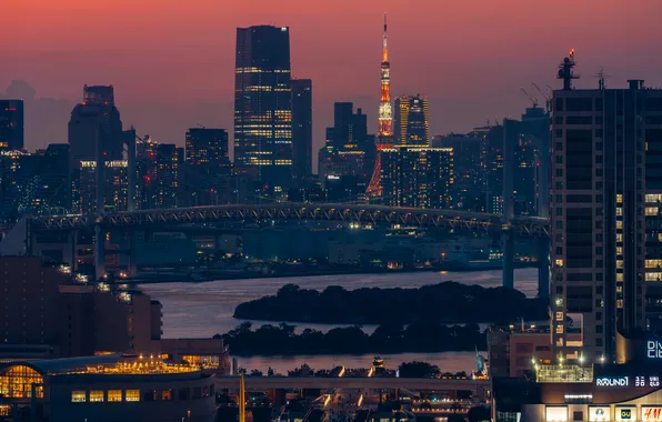 Закат, мост, огни, река, дома, вечер, Tokyo, Japan