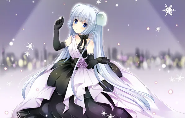 Картинка девушка, снежинки, платье, арт, белые волосы, miss monochrome, zexel