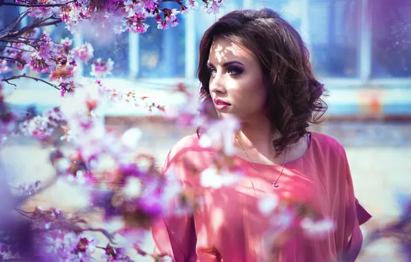Девушка, розовый, нежность, весна, брюнетка, пастель, girl, красотка