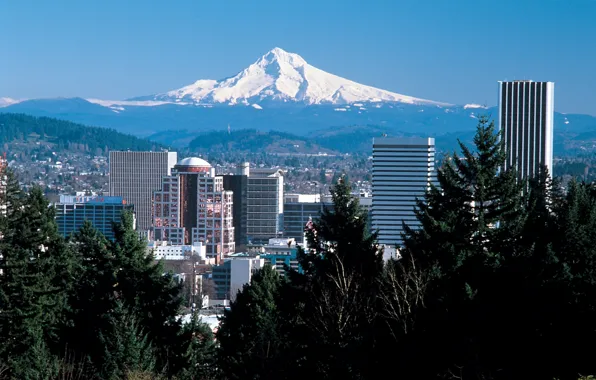 Город, гора, skyline, Portland, Худ, Портлэнд, Mt. Hood