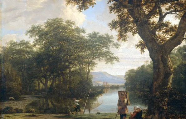 Масло, картина, холст, Йорис ван дер Хаген, 1669, Joris van der Haagen, Пейзаж с Рыбаком …
