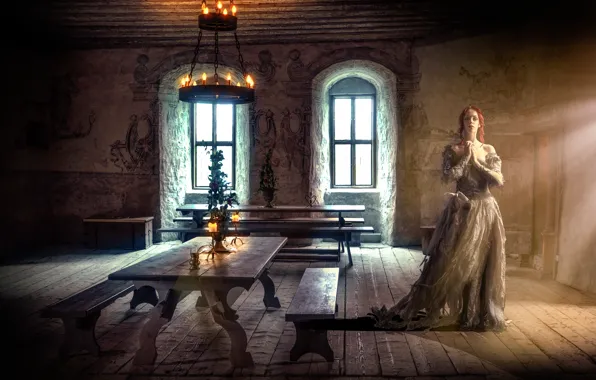 Девушка, свечи, средневековье, Middle Ages, комната.зал