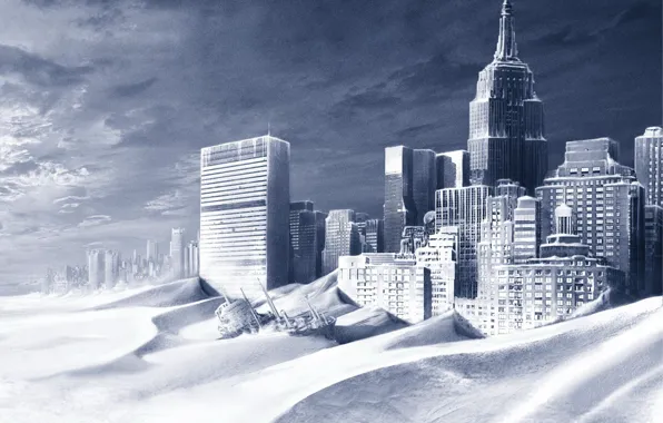 Снег, корабль, здания, Нью-Йорк