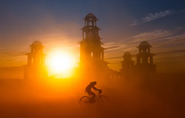 Картинка свет, закат, велосипед