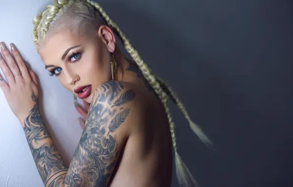 Blue eyes, pretty, tattoo, nude, blonde, tatto, Samii Ryan