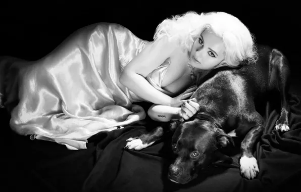 Картинка фото, собака, платье, актриса, прическа, блондинка, черно-белое, журнал