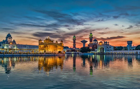 Lights, river, sunset, India, Amritsar, Golden Temple