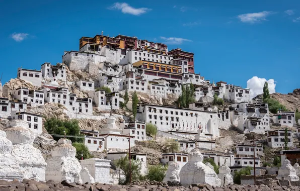 Небо, солнце, облака, камни, скалы, Индия, монастырь, Ladakh