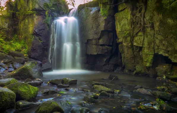 Картинка камни, скалы, водопад, мох