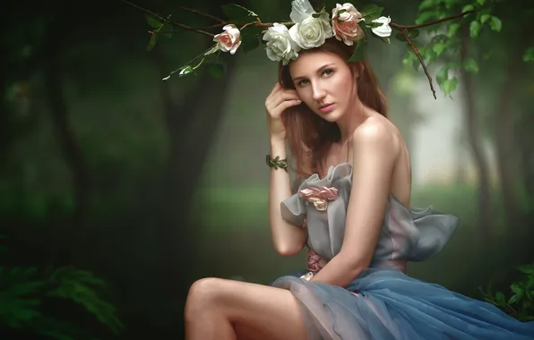 Лето, взгляд, девушка, цветы, природа, поза, стиль, платье