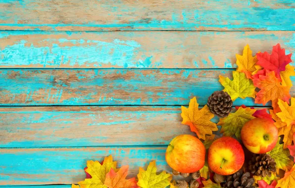 Картинка осень, листья, фон, яблоки, colorful, шишки, wood, background