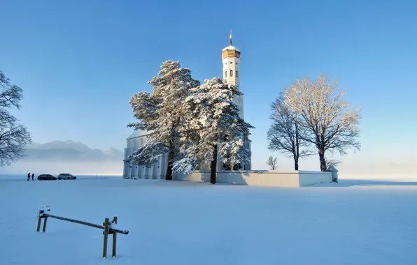 Зима, снег, деревья, Германия, Бавария, церковь, Germany, Bavaria