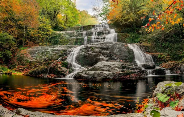 Картинка осень, вода, скала, водопад, потоки