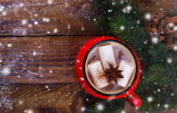 Картинка снег, Новый Год, Рождество, Christmas, wood, snow, New Year, какао