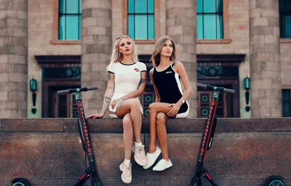 Картинка model, tattoo, women, brunette, blonde, black dress, white dress, sneakers