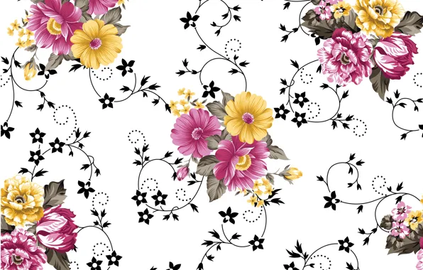 Белый, цветы, фон, узор, желтые, розовые, pattern, leaves