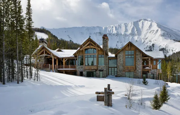 Зима, лес, снег, горы, США, архитектура, штат Монтана, Montana