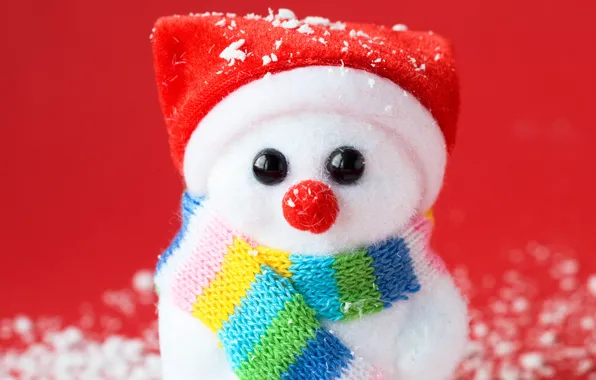 Снеговик, шарфик, красный фон, колпак, сувенир, искусственный снег