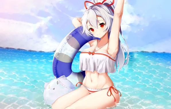 Girl, summer, sexy, beach, long hair, sea, anime, beautiful