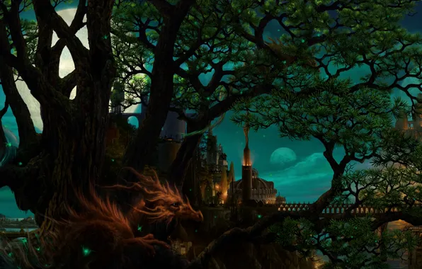 Картинка ночь, мост, город, дерево, луна, дракон, планеты, арт