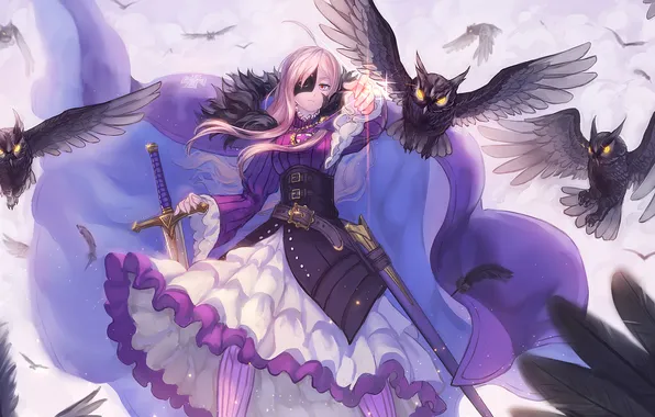 Картинка девушка, оружие, меч, аниме, перья, арт, совы, ryuuzaki itsu