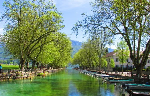 Лето, город, озеро, Франция, лодки, канал, Анси, le lac d'Annecy
