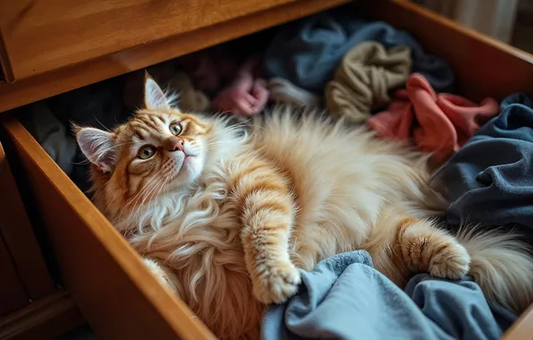 Кошка, кот, взгляд, поза, одежда, игра, вещи, рыжий