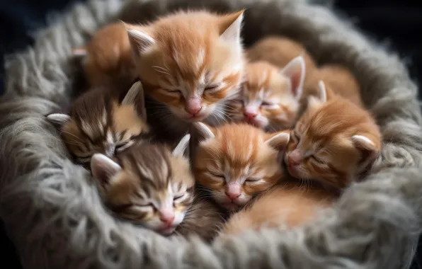 Кошки, котята, малыши, компания, милота, мордашки, ИИ-арт, нейросеть