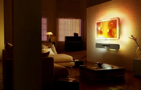 Картинка дизайн, стиль, комната, диван, темно, лампа, кровать, интерьер