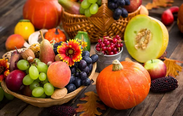 Осень, листья, яблоки, виноград, тыква, персики, autumn, grapes