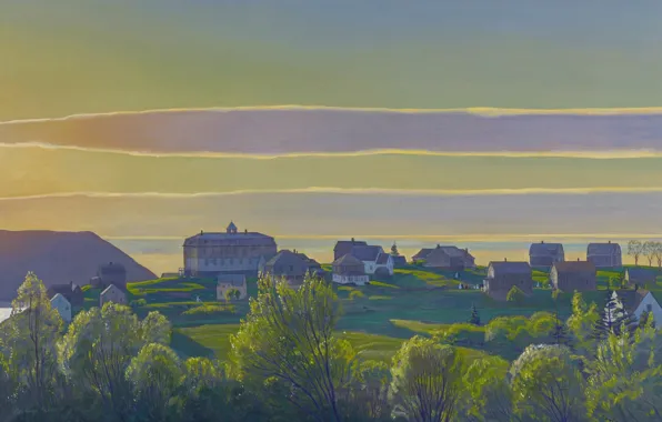 Картинка облака, пейзаж, остров, дома, картина, Rockwell Kent, Рокуэлл Кент, Монхеган. Мэн