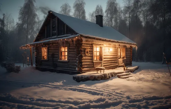 Картинка зима, лес, снег, ночь, lights, Новый Год, мороз, Рождество